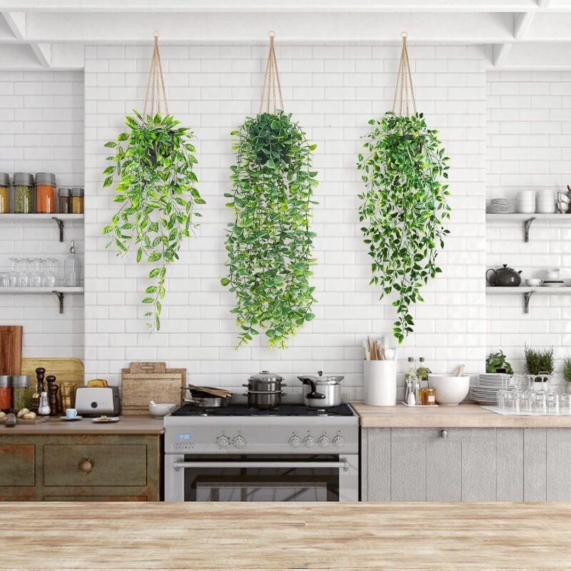 Planta Artificial Colgantes con Macetas, 3 Piezas Planta Colgante Artificial, Planta Artificial Libre de Mantenimiento Plástico Planta Falsa Moderna Salón Balcón Dormitorio Habitación Mesa Deco - Imagen 6