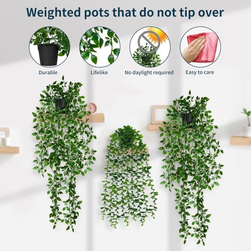 Elecoutek Plantas Artificiales Colgantes en Maceta, 3Pcs Verdes Falsa Planta Interior Vid hasta 80 cm de Largo Plástico Plantas Decorativas para Sala de Estar Balcón Jardín Cocina - Imagen 2