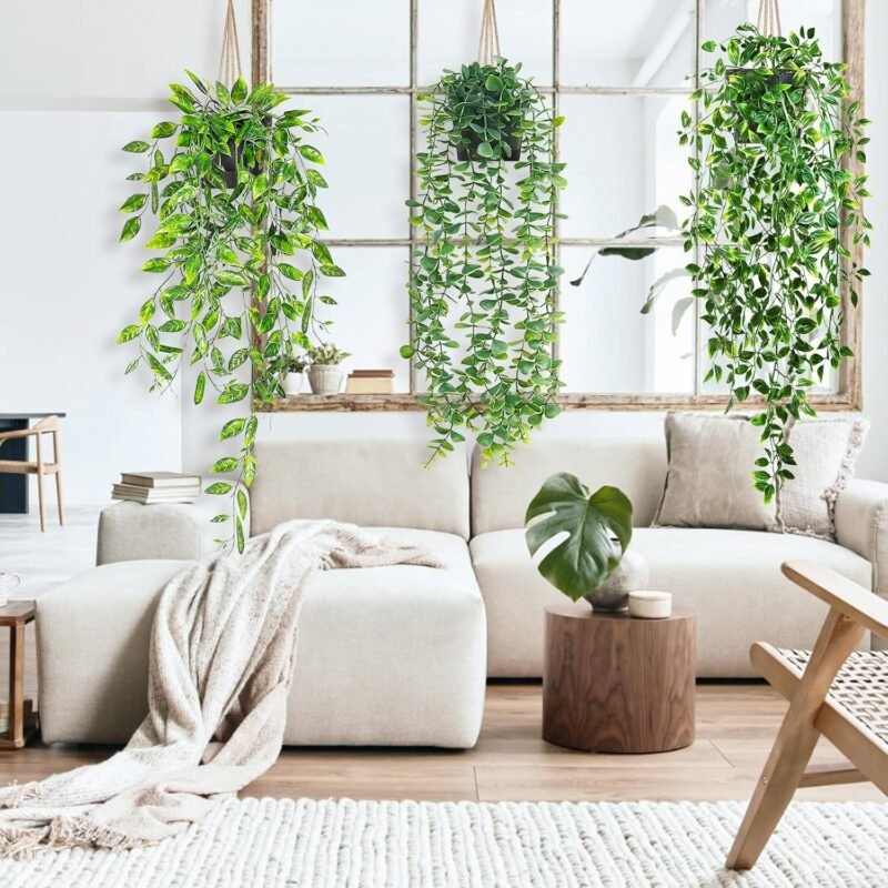 Planta Artificial Colgantes con Macetas, 3 Piezas Planta Colgante Artificial, Planta Artificial Libre de Mantenimiento Plástico Planta Falsa Moderna Salón Balcón Dormitorio Habitación Mesa Deco - Imagen 7