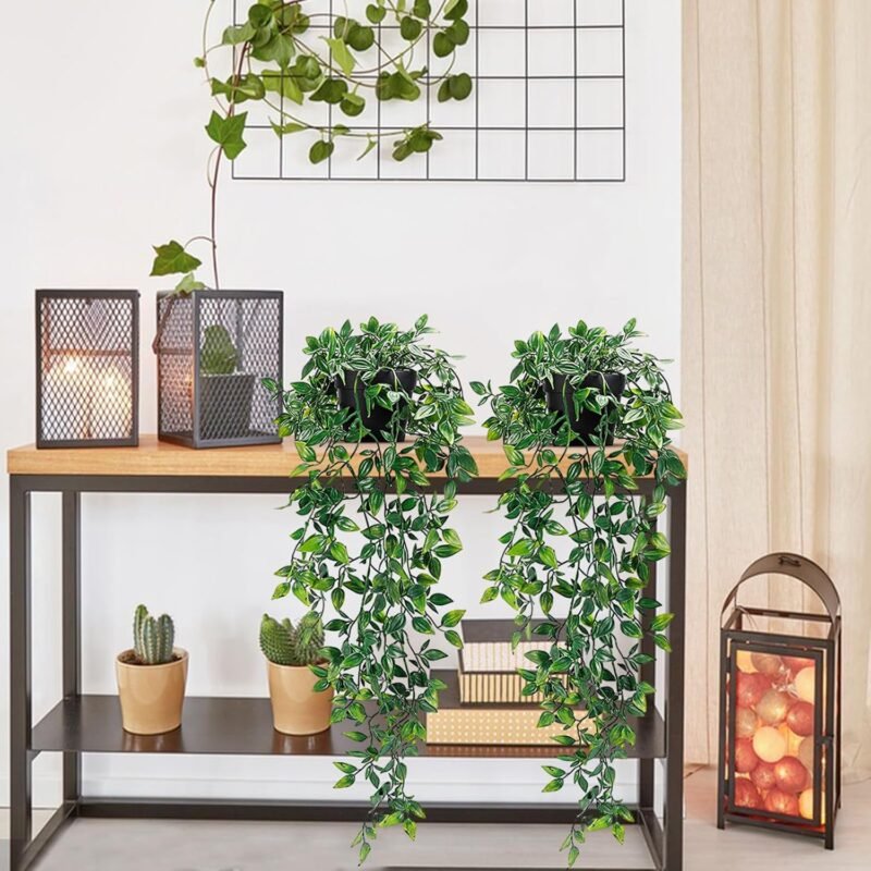 Plantas Artificiales Colgantes de Plástico Helecho, 2 Piezas Corona de Hiedra Falsa Planta, Plantas Artificiales Decorativas Exteriores Interiores, Falso Colgante de Plantas para Habitación - Imagen 5