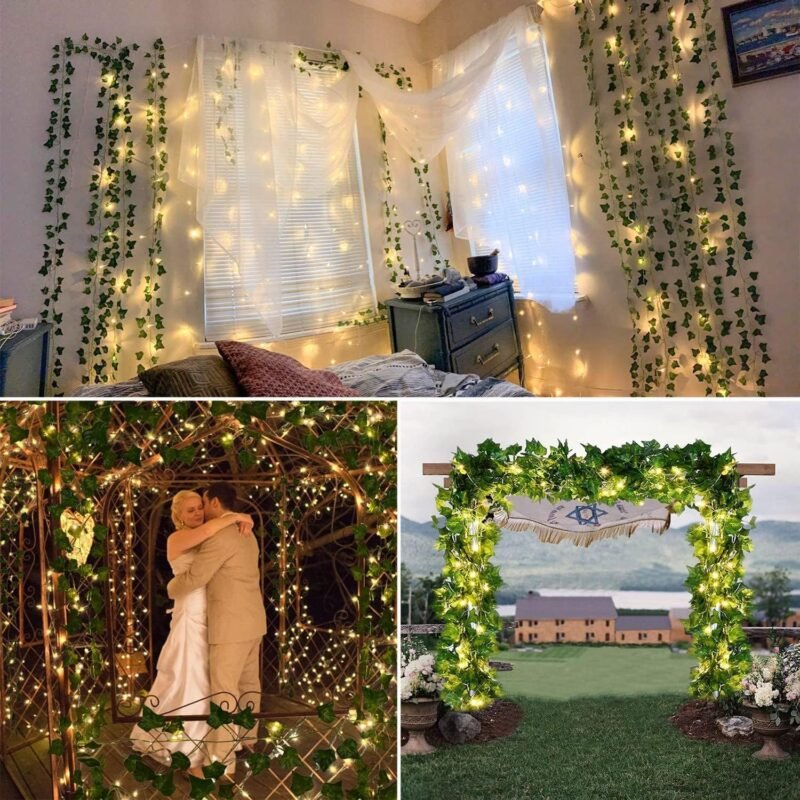AIOR 12 Piezas Plantas Hiedra Artificial con luz LED, Decoración Exterior Colgante Guirnalda Vine Follaje Hojas Verdes Flores para Hogar Boda Escalera Ventana Balcón Valla Jardín Mesa - Imagen 2