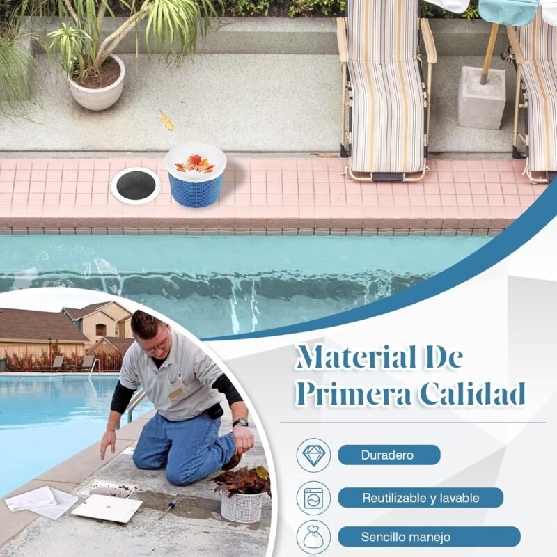 ZOCONE 40PCS Blanco Calcetines Skimmer Piscina Filtro Reutilizables Calcetines Skimmer Universal con Papel de Prueba de PH Calcetines para Cesta Piscina Bolsas para Filtros para Capturar Hojas Cabello - Imagen 6