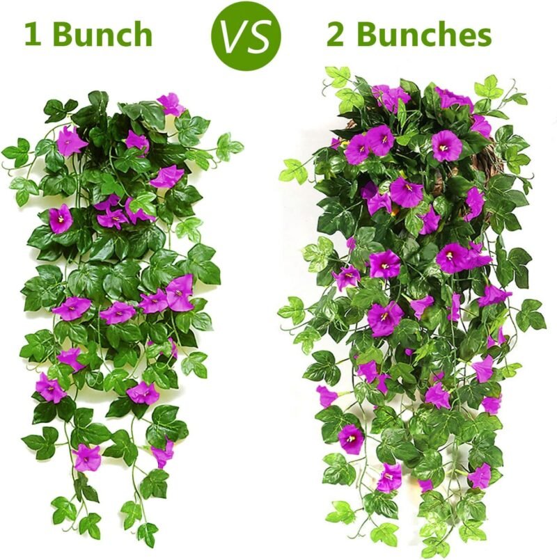 NIBESSER Flores Colgantes Artificiales Decoracion 2 Piezas Gloria de La Mañana Artificiales Decorativas 90 cm Plantas Artificiales Exterior para Pared Jardín Balcón Patio Boda, Fucsia Morado - Imagen 3