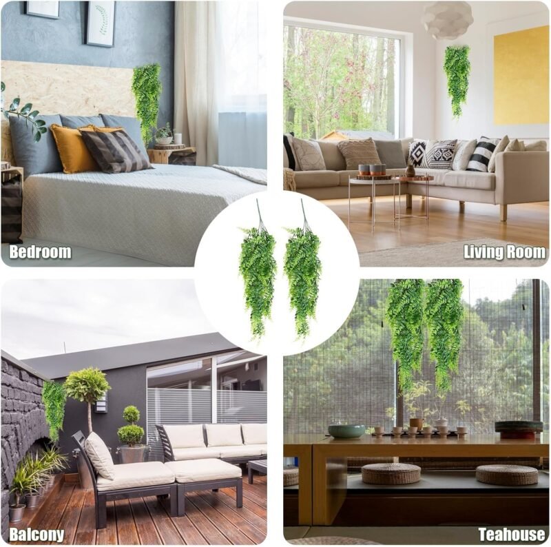 2 Piezas Plantas Artificiales Colgantes Helechos Plantas Plástico Artificiales Plantas de Escalada Decorativas de Vegetación para Interior y Exterior Salas de Estar Balcón Oficina Terraza Jardín Boda - Imagen 4