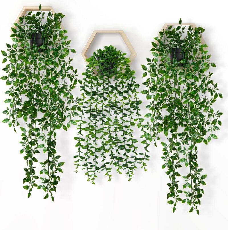Elecoutek Plantas Artificiales Colgantes en Maceta, 3Pcs Verdes Falsa Planta Interior Vid hasta 80 cm de Largo Plástico Plantas Decorativas para Sala de Estar Balcón Jardín Cocina
