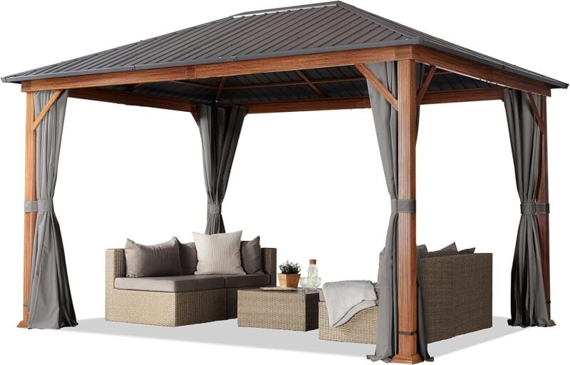 Cenador de jardín 3x4 m, Aspecto Madera, Techo sólido, 4 Cortinas en Gris
