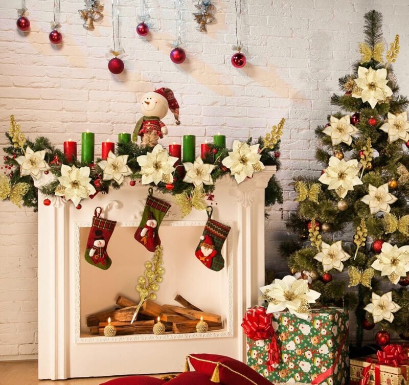 Flores Artificiales Navidad,ilauke 30pcs Flores de Brillo Navideño Dorado 14/16cm con 10 Mariposas+10 Ramas de Bayas+30 Clips+30 Tallos,Flores Navideñas para Decoración Dcorona de Guirnalda para Boda - Imagen 6