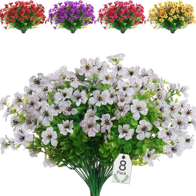 SOMYTING 8 Piezas Flores Artificiales Flor Falsa Decorativas Exterior Resistentes a los Rayos UV no se Decoloran Plantas Artificiales Verdes Jardines Porches Ventanas Arbustos Decorativo (Blanco)