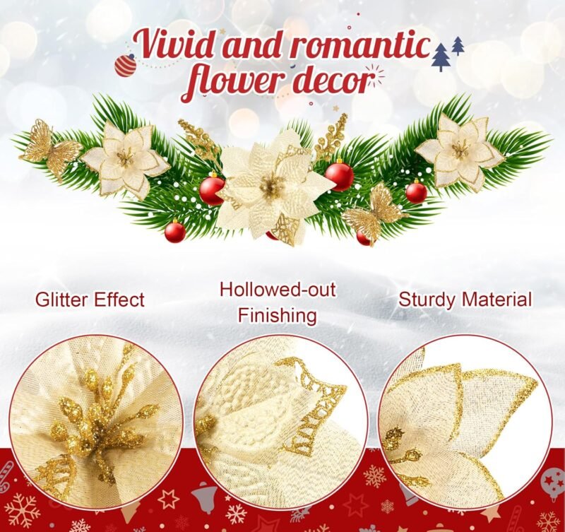 Flores Artificiales Navidad,ilauke 30pcs Flores de Brillo Navideño Dorado 14/16cm con 10 Mariposas+10 Ramas de Bayas+30 Clips+30 Tallos,Flores Navideñas para Decoración Dcorona de Guirnalda para Boda - Imagen 5