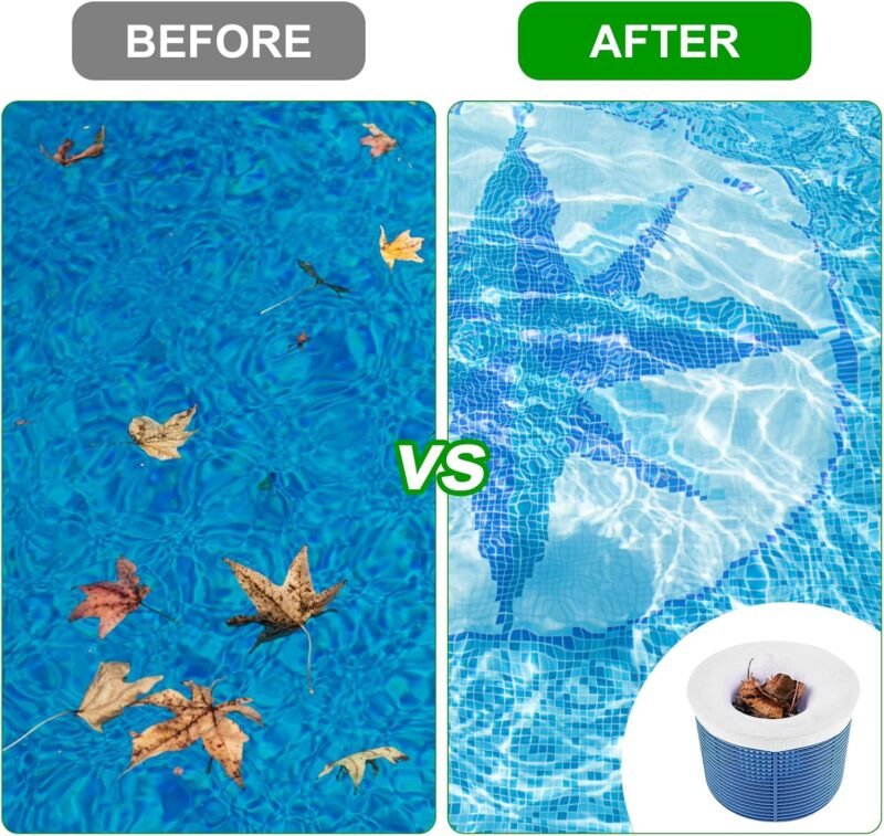 Flintronic 22PCS Calcetines Skimmer Piscina, Filtros de Skimmer, Calcetines Reutilizables de Malla de Nailon para Filtro de Piscina,con Papel de Prueba de PH, para Capturar Hojas,Cabello,Basura-Blanco - Imagen 8