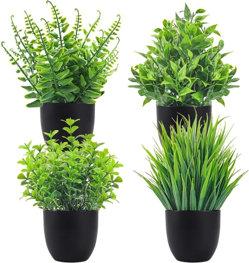 APOMOONS 4 Piezas Mini Plantas Artificiales Verde Plástico Plantas Falsas con Macetas para Mesa de Despacho Baño Hogar Decoración