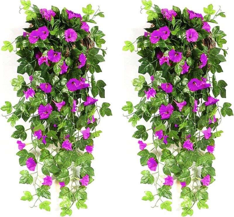 NIBESSER Flores Colgantes Artificiales Decoracion 2 Piezas Gloria de La Mañana Artificiales Decorativas 90 cm Plantas Artificiales Exterior para Pared Jardín Balcón Patio Boda, Fucsia Morado