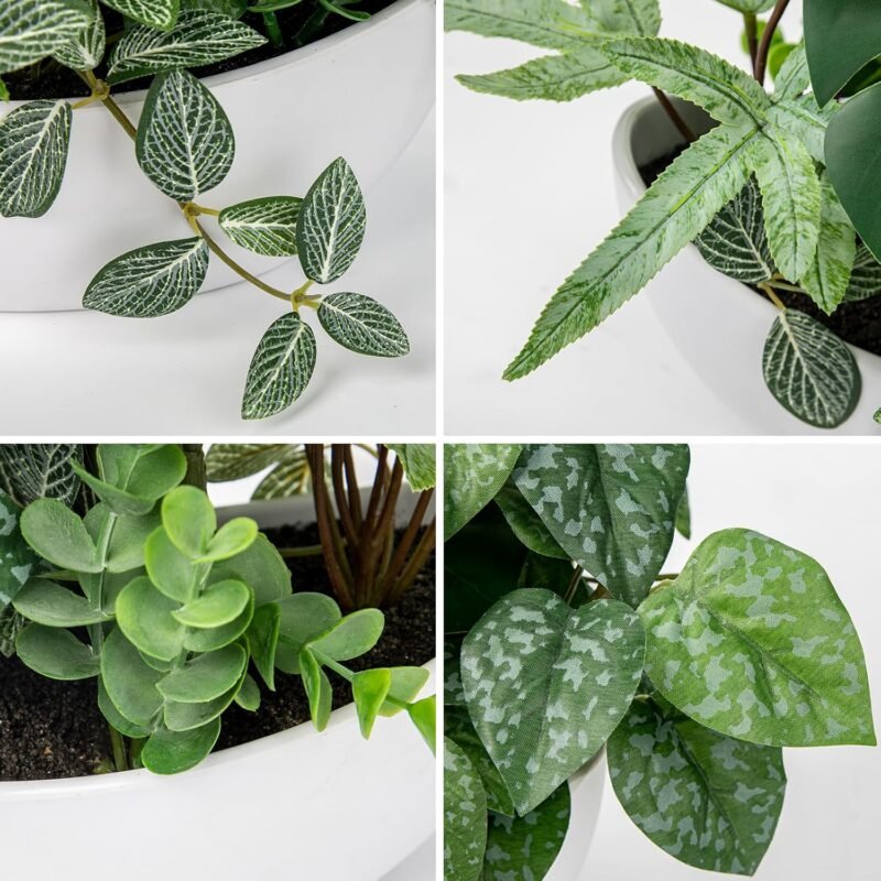Hollyone Plantas artificiales mixtas de 30 cm en maceta blanca, plantas falsas decorativas con maceta de barco, plantas artificiales de interior para decoración del hogar, dormitorio, baño, cocina, - Imagen 3