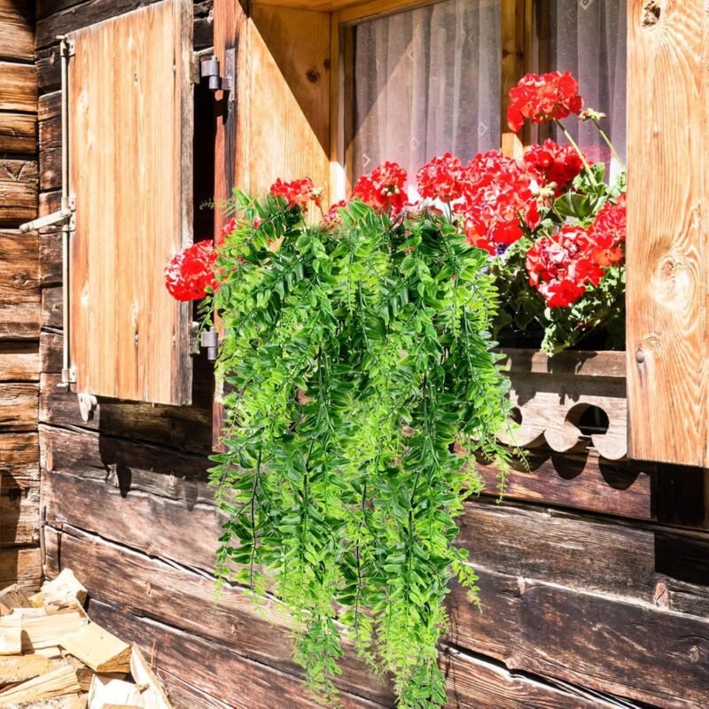 2 Piezas Plantas Artificiales Colgantes Helechos Plantas Plástico Artificiales Plantas de Escalada Decorativas de Vegetación para Interior y Exterior Salas de Estar Balcón Oficina Terraza Jardín Boda - Imagen 6