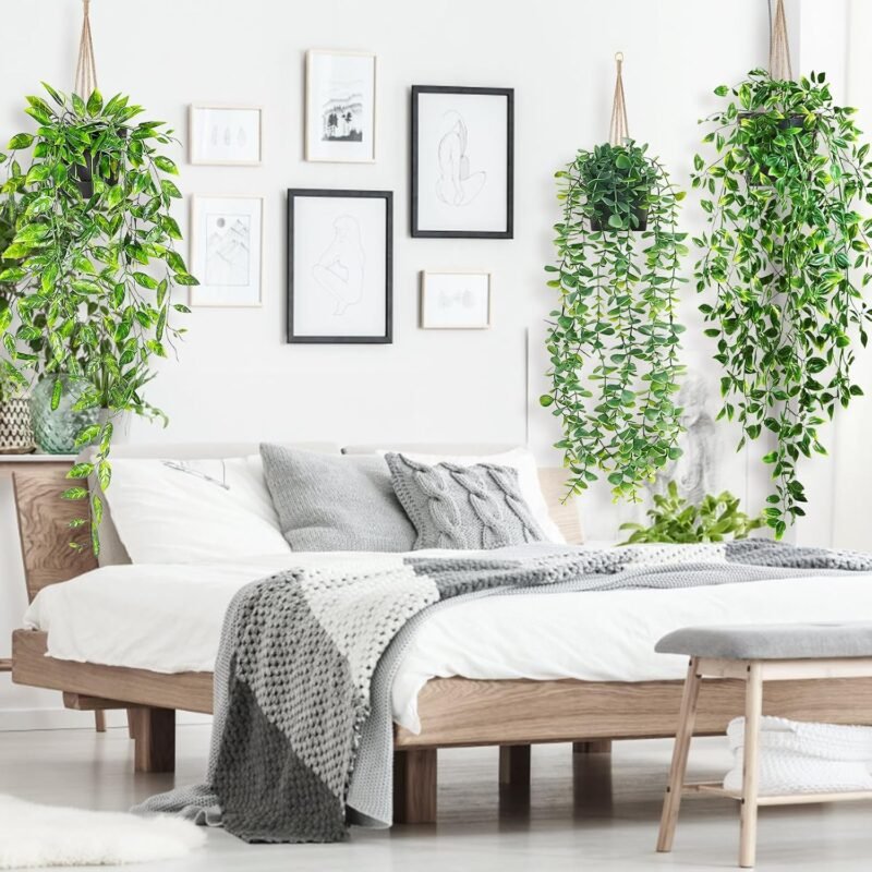 Planta Artificial Colgantes con Macetas, 3 Piezas Planta Colgante Artificial, Planta Artificial Libre de Mantenimiento Plástico Planta Falsa Moderna Salón Balcón Dormitorio Habitación Mesa Deco - Imagen 8
