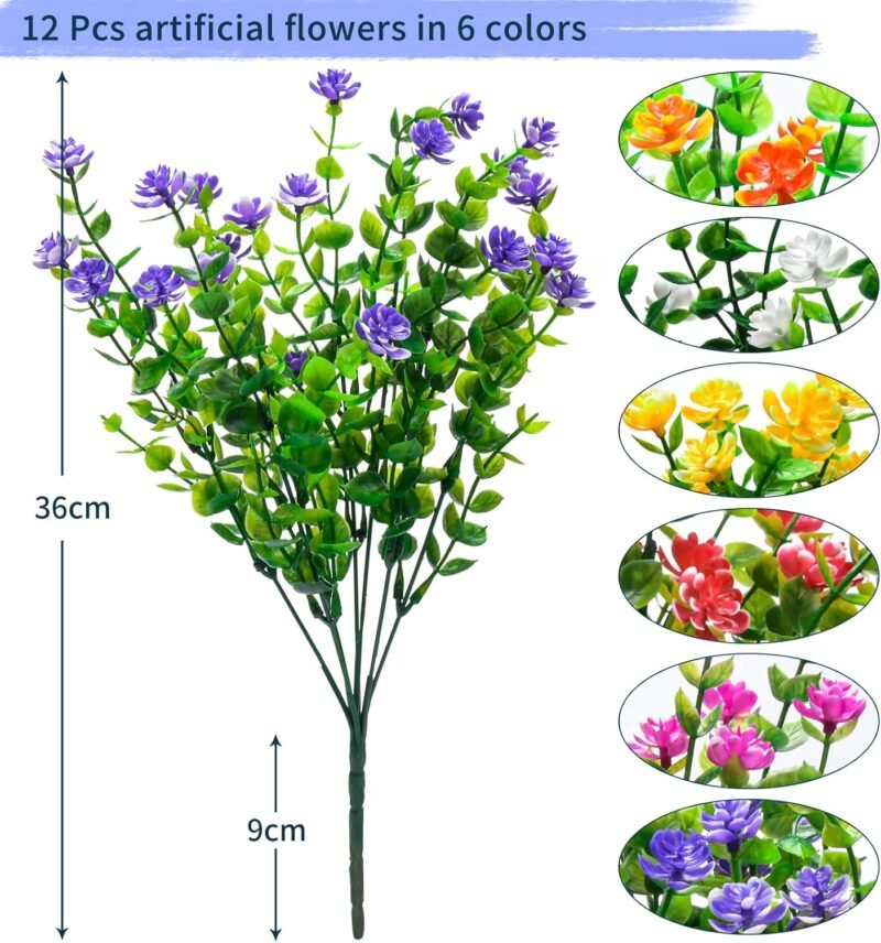 Elecoutek 12 Paquetes Flores Artificiales Exterior y Interior, Flor Falsas Resistentes UV Plantas Artificiales Decoracion Flores de Plastico para Cesta Colgante, Jarron, Jardín, Ventana - Imagen 3