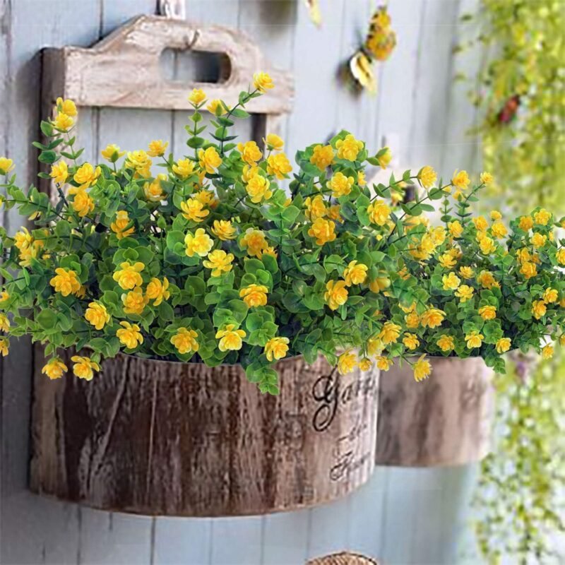 TSHAOUN 5 Piezas Flores Artificiales Flor Falsas,Arbustos Verdes Resistentes a Los Rayos UV Plantas para Colgar en Interiores y Exteriores,para Casa Jardín Ventana Fiesta Boda Decoración (Amarillo) - Imagen 8