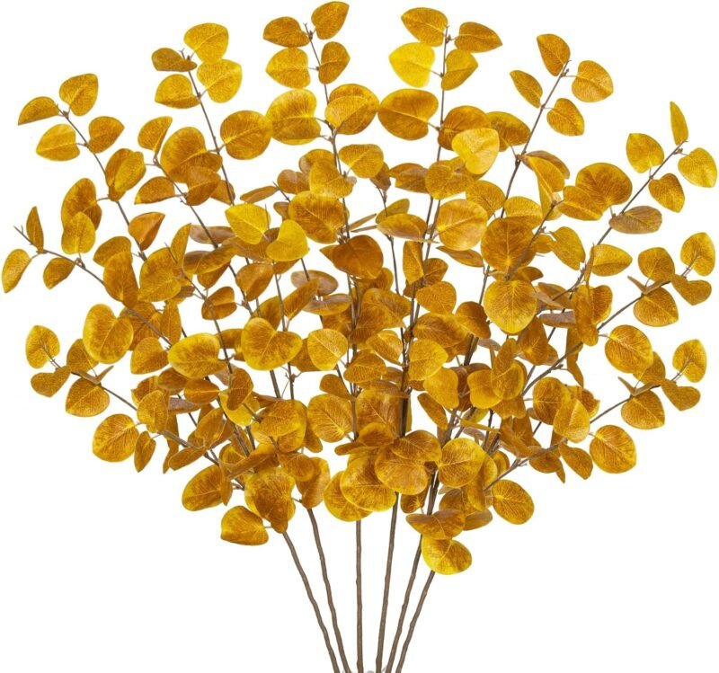 Oairse Juego de 6 plantas artificiales de eucalipto, plantas artificiales de decoración de eucalipto, Acción de Gracias, decoración del hogar, interior y exterior, para jardín, boda, chimenea, fiesta,