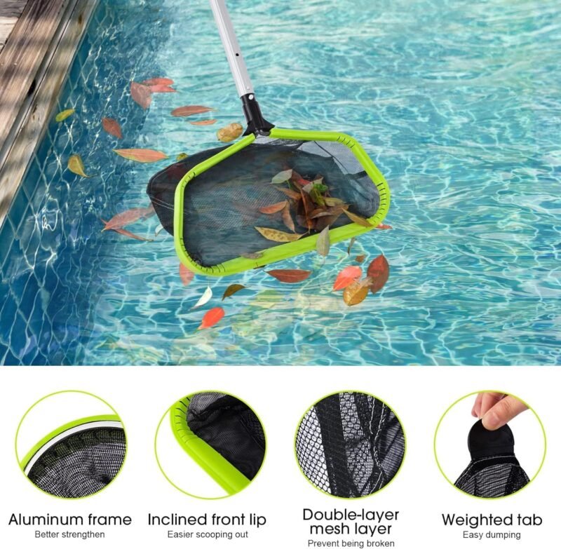 WELDUN Red para piscina, red recogehojas para piscina con bolsa profunda de doble capa, marco de aluminio resistente, red de rastrillo para hojas con malla fina, verde (sin vara) - Imagen 2