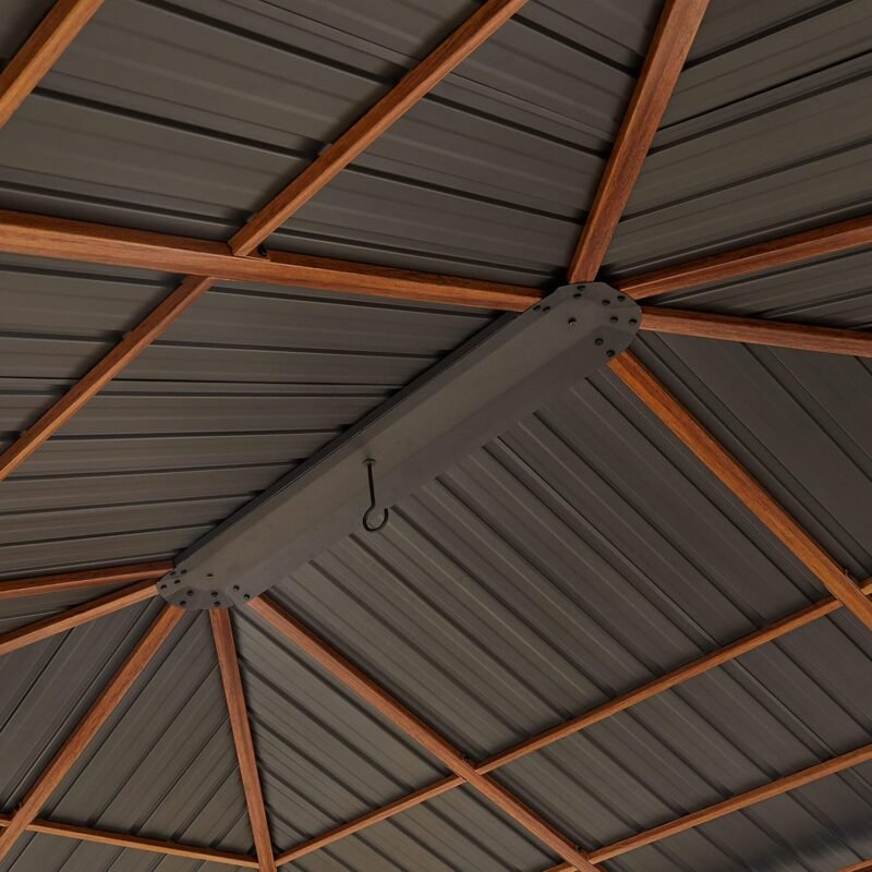 Cenador de jardín 3x4 m, Aspecto Madera, Techo sólido, 4 Cortinas en Gris - Imagen 4