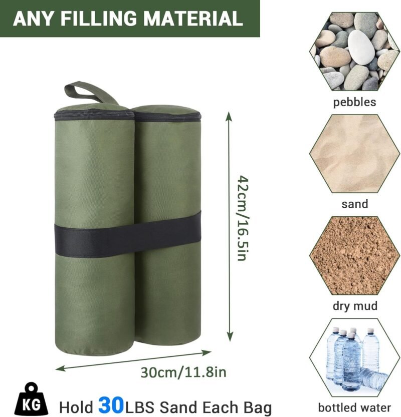 Pesas para bolsas de arena para cenador, paquete de 4 pesas de arena para cenador, pesas para muebles de jardín, bolsa de arena con cremallera superior de doble pierna (4, verde) - Imagen 2