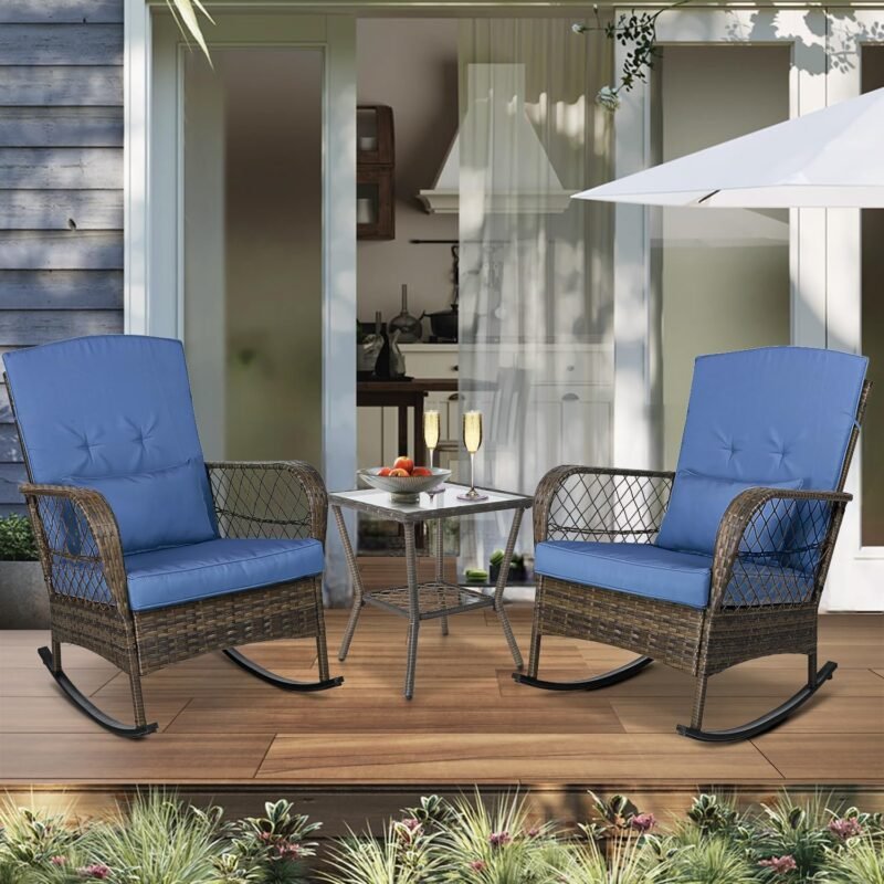 ENSTVER 3 Pieces Patio Conversation Set w/ 2 Rattan Wicker Rocking Chairs and Glass Table,for Garden Backyard Lown Porch(Dark Blue) - Imagen 7