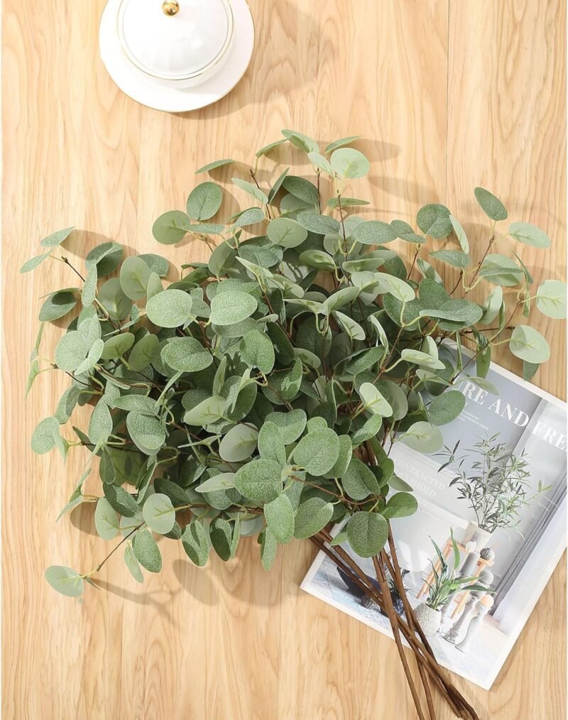 HNVNER 6 Manojos de Eucalipto Artificial Ramas Eucalipto Verdes 60cm Hojas de Eucalipto Artificiales para Decoración De Fiestas, Bodas, Jardín, Hogar, Oficina,Arreglos Florales - Imagen 7