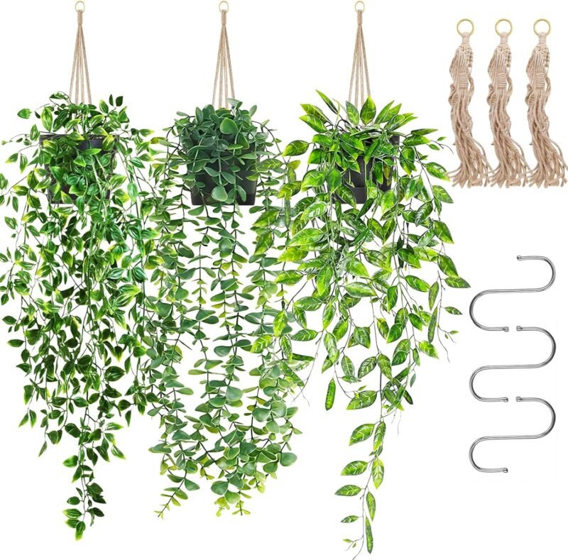 Planta Artificial Colgantes con Macetas, 3 Piezas Planta Colgante Artificial, Planta Artificial Libre de Mantenimiento Plástico Planta Falsa Moderna Salón Balcón Dormitorio Habitación Mesa Deco