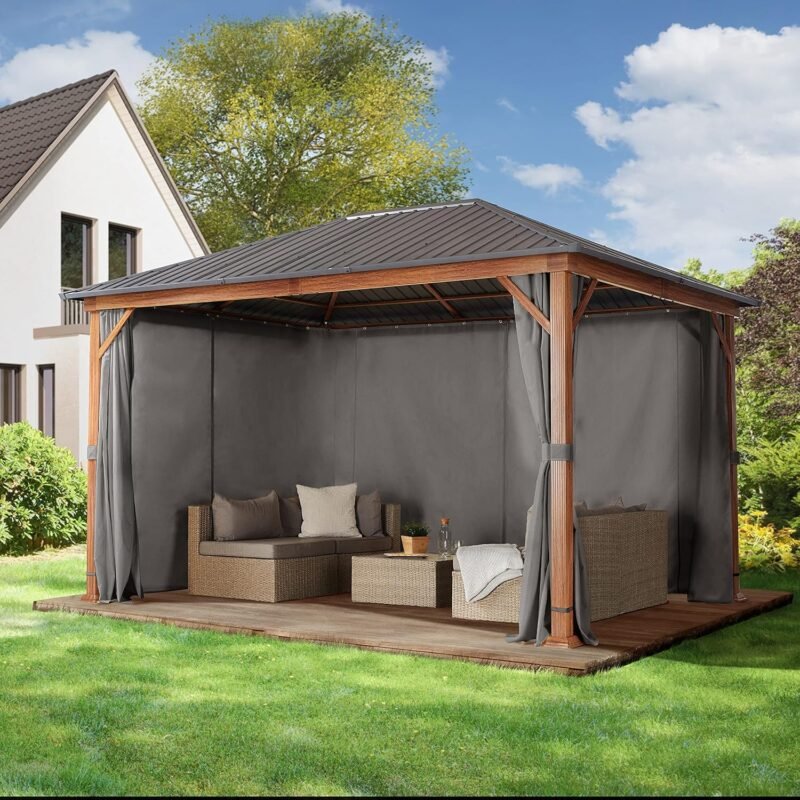 Cenador de jardín 3x4 m, Aspecto Madera, Techo sólido, 4 Cortinas en Gris - Imagen 2