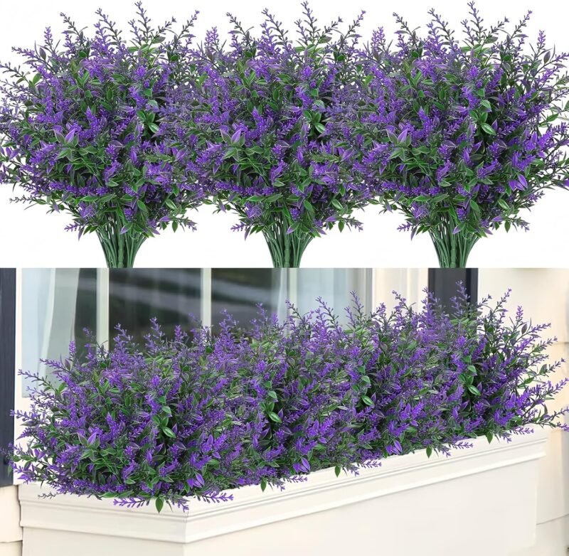 12 Ramos de Flores Artificiales Plantas para Exteriores de Balcón Resistentes a la Intemperie para Exteriores Adecuadas para Balcones Interiores y Exteriores, Caja de Balcón de Jardín(Púrpura)