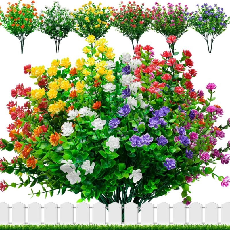 Elecoutek 12 Paquetes Flores Artificiales Exterior y Interior, Flor Falsas Resistentes UV Plantas Artificiales Decoracion Flores de Plastico para Cesta Colgante, Jarron, Jardín, Ventana