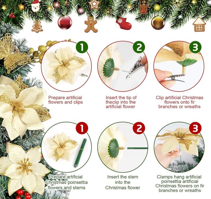 Flores Artificiales Navidad,ilauke 30pcs Flores de Brillo Navideño Dorado 14/16cm con 10 Mariposas+10 Ramas de Bayas+30 Clips+30 Tallos,Flores Navideñas para Decoración Dcorona de Guirnalda para Boda - Imagen 4