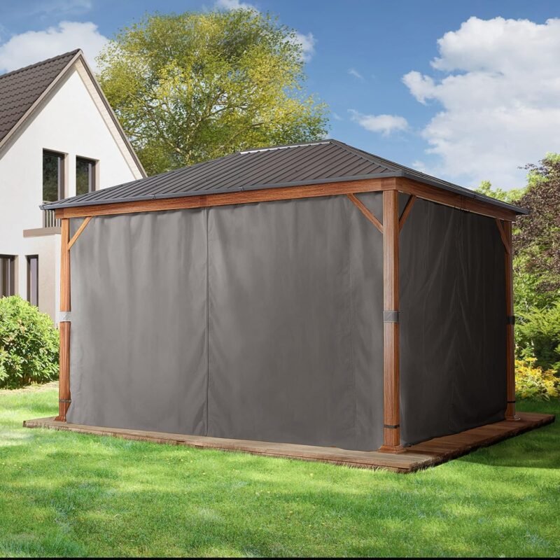 Cenador de jardín 3x4 m, Aspecto Madera, Techo sólido, 4 Cortinas en Gris - Imagen 3
