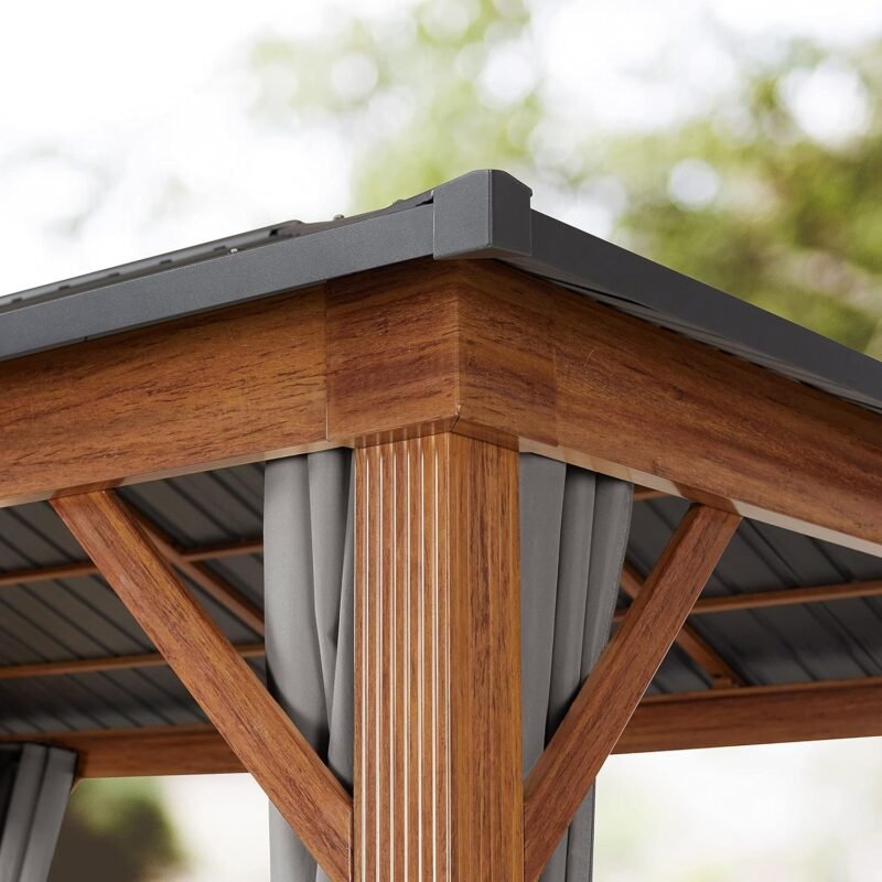 Cenador de jardín 3x4 m, Aspecto Madera, Techo sólido, 4 Cortinas en Gris - Imagen 6