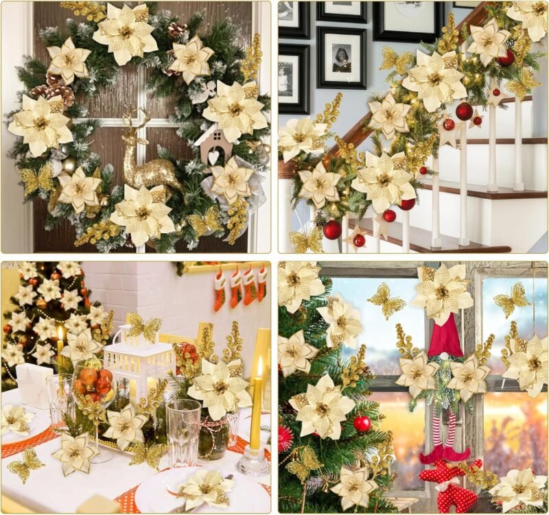 Flores Artificiales Navidad,ilauke 30pcs Flores de Brillo Navideño Dorado 14/16cm con 10 Mariposas+10 Ramas de Bayas+30 Clips+30 Tallos,Flores Navideñas para Decoración Dcorona de Guirnalda para Boda - Imagen 7