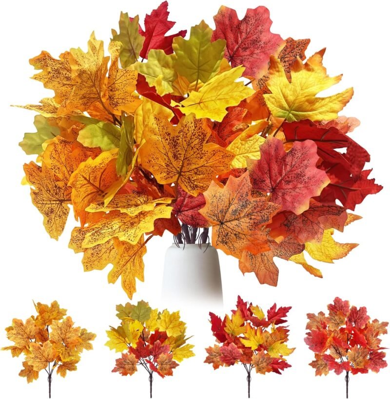YMIFEEY 4 ramas de hojas de arce artificiales, hojas de otoño artificiales, plantas artificiales de hojas de arce, hojas de arce, hojas de arce, hojas de arce artificiales de otoño para interiores y